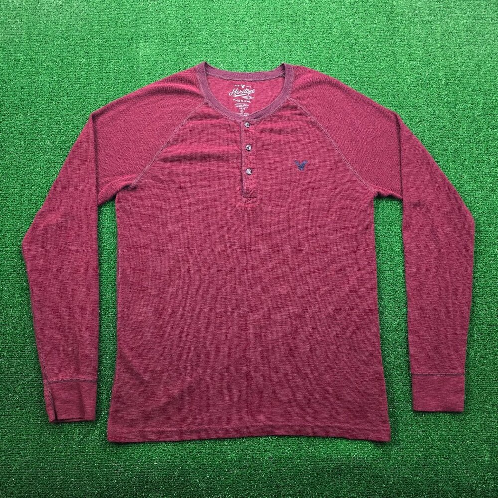 American Eagle Heritage Henley Tshirt Mens Large Red Thermal Long Sleeve